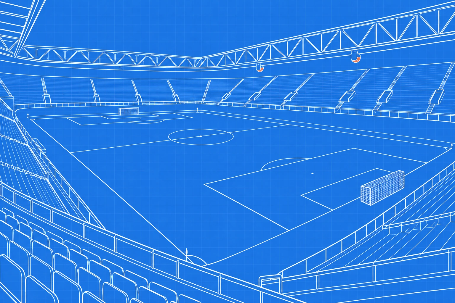 Stilisierte Stadionillustration aus Tribünenperspektive mit Fußballfeld, Sitzrängen und Dachträgern auf blauem Rastergrund.