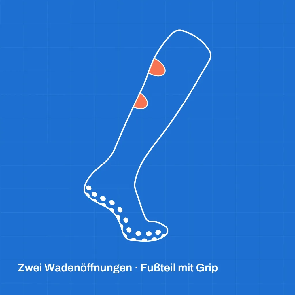 Technische Ansicht der HOLIES Grip Cut Socks mit zwei Wadenöffnungen, integriertem Fußteil und Grip-Punkten an der Sohle.
