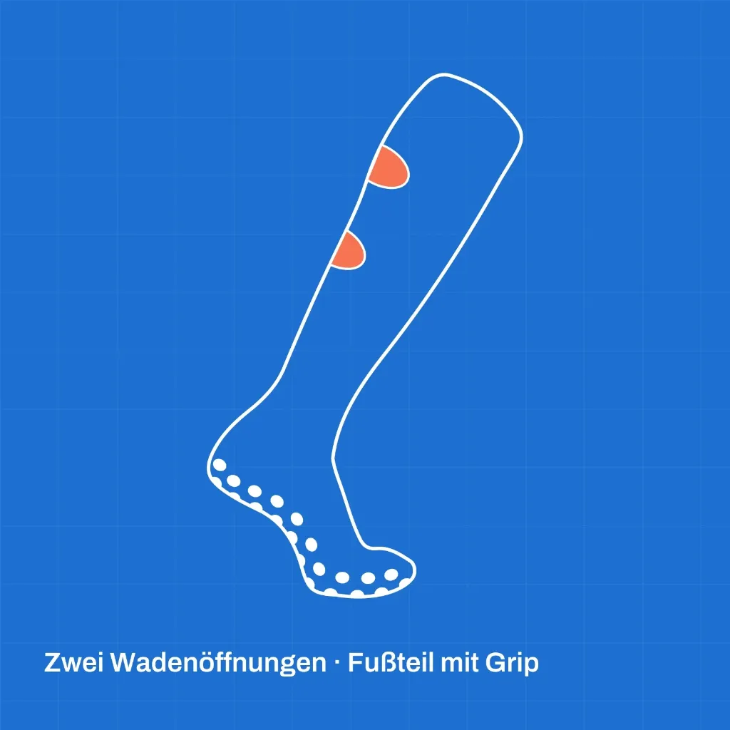 Technische Ansicht der HOLIES Grip Cut Socks mit zwei Wadenöffnungen, integriertem Fußteil und Grip-Punkten an der Sohle.